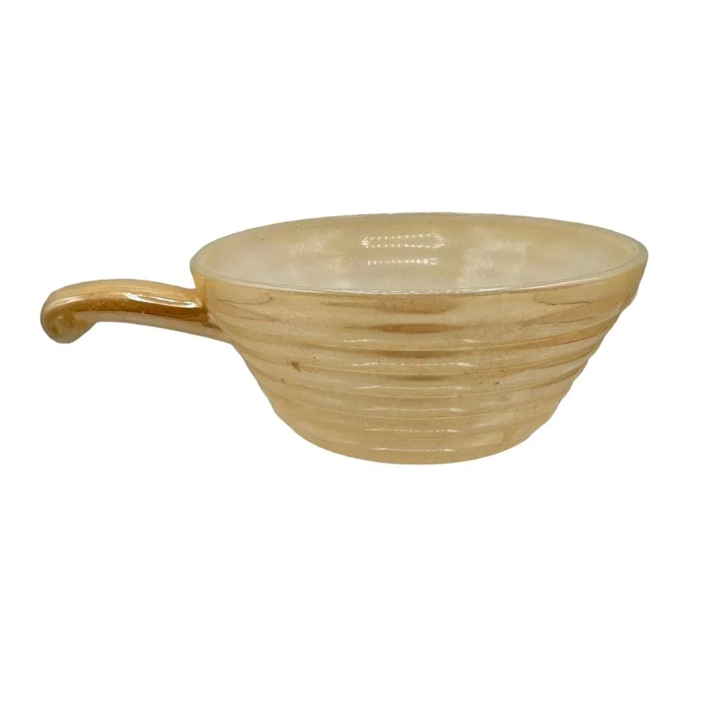 Fire King Oven Ware Ribbed Handled Soup Bowl Peach Luster Beehive Vintage